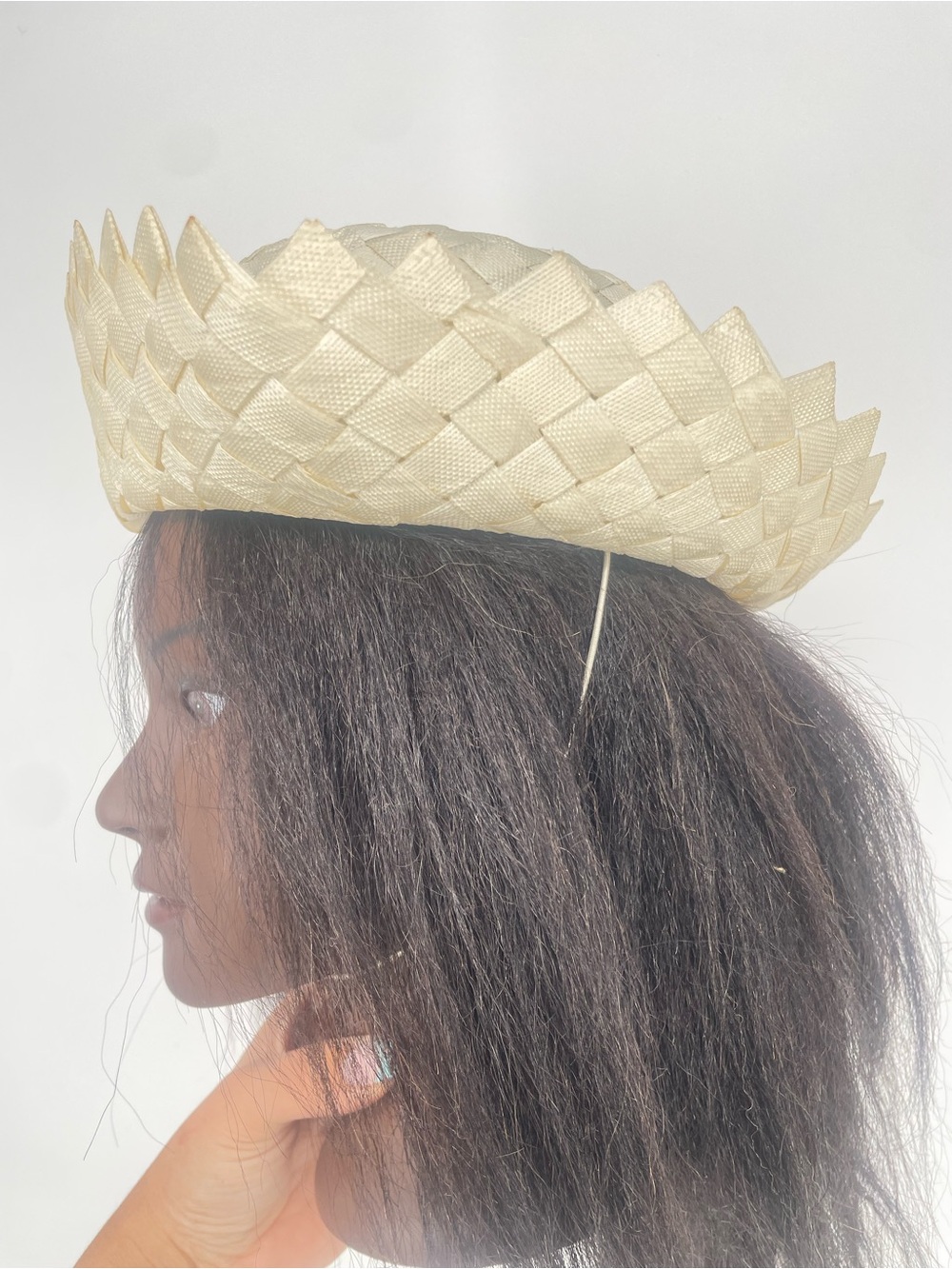 Vintage Cream Off White Woven Straw Hat W Velvet Bow Detail Sunhat Elastic Strap - Picture 7 of 16
